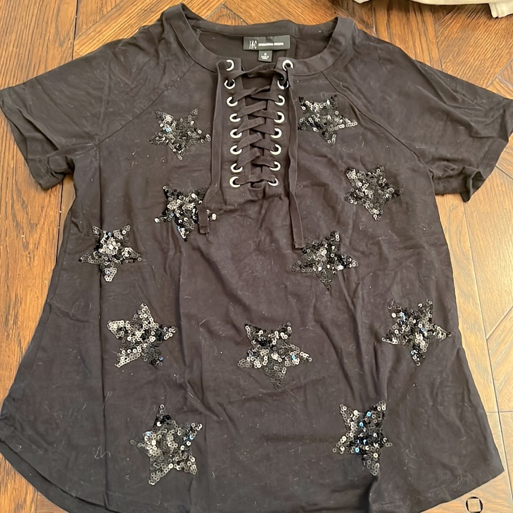 INC black lace up top with embellished stars